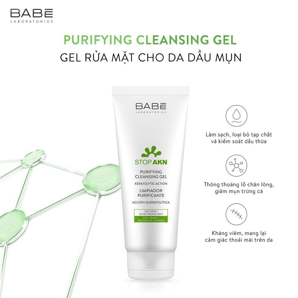 Sữa rửa mặt BABE STOP AKN Purifying Cleansing Gel cho da dầu mụn